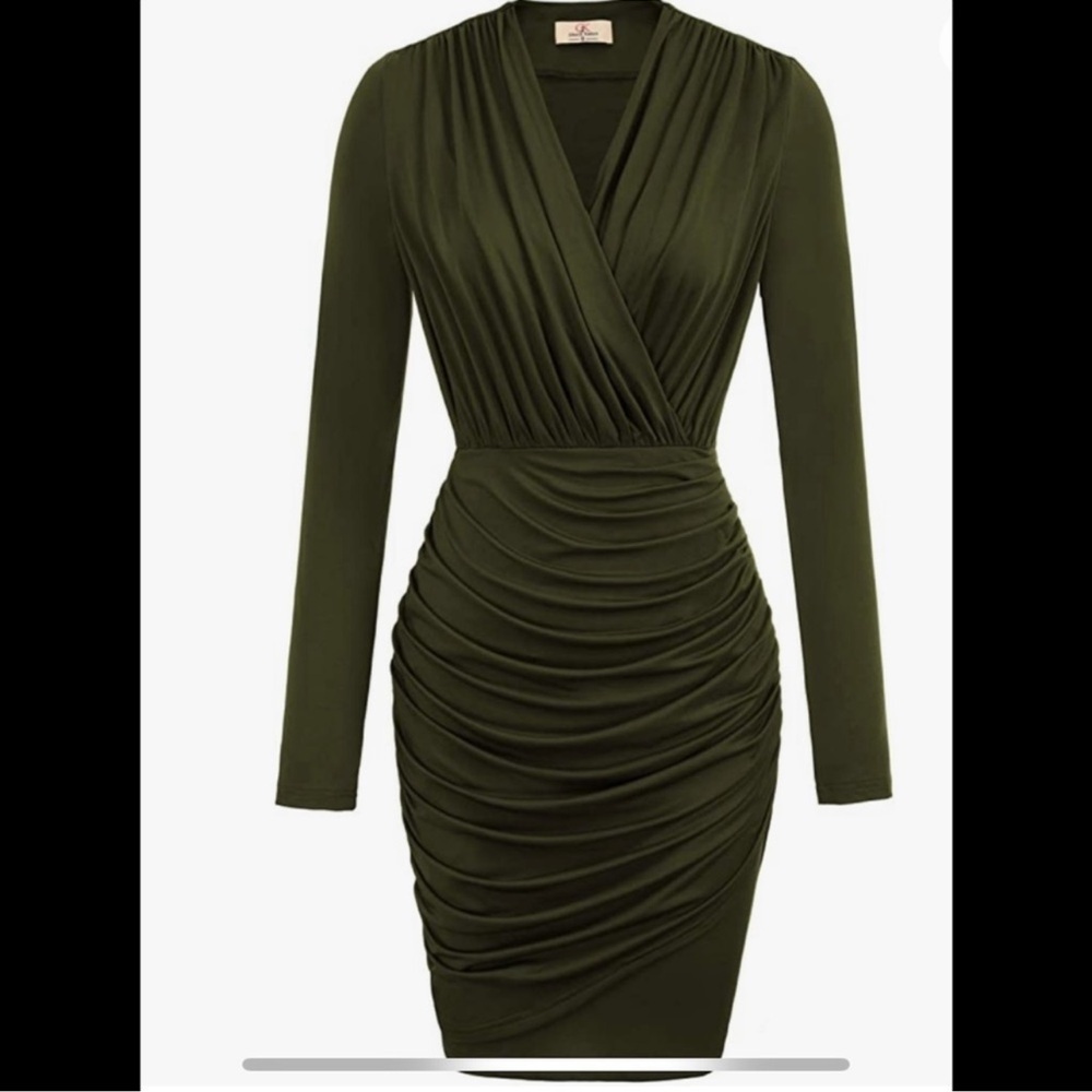 NWT Grace Karin Retro Long Sleeve Ruched Wrap Party Pencil Dress Army Green